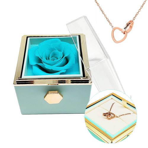 Eternal Flower Necklace & Revolving Box - Romantic Gift Set - Send Name to Us / Blue Rose Gold