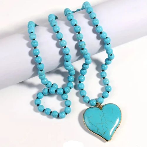 Showboho Blue Turquoise Beaded Necklace for Meditation & Prayer - Love Pendant 86cm