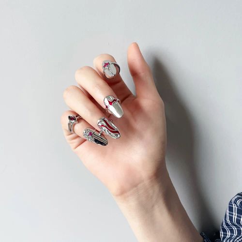 FanYin Geometric Metal Rings Set - Trendy Party jewellery - Red