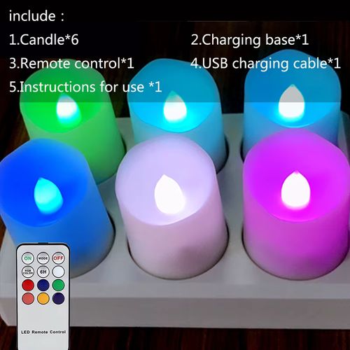 FPOO USB Rechargeable LED Candle - Flameless Ambience for Holidays - RGB 6 With base