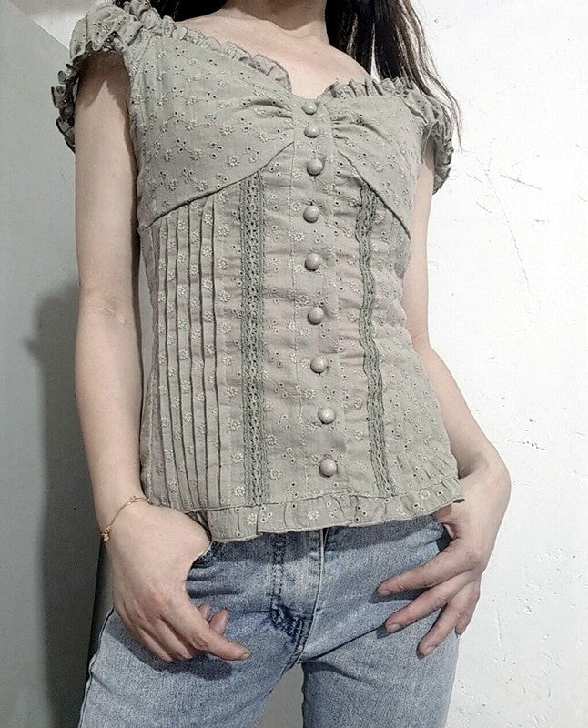 New Pleated Shoulder Button Fold Over Lace Bodice