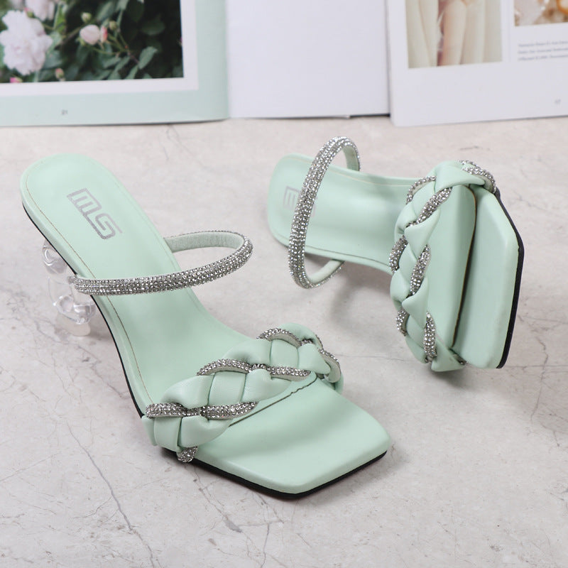 One Word With Rhinestone High-heeled Half Sandals