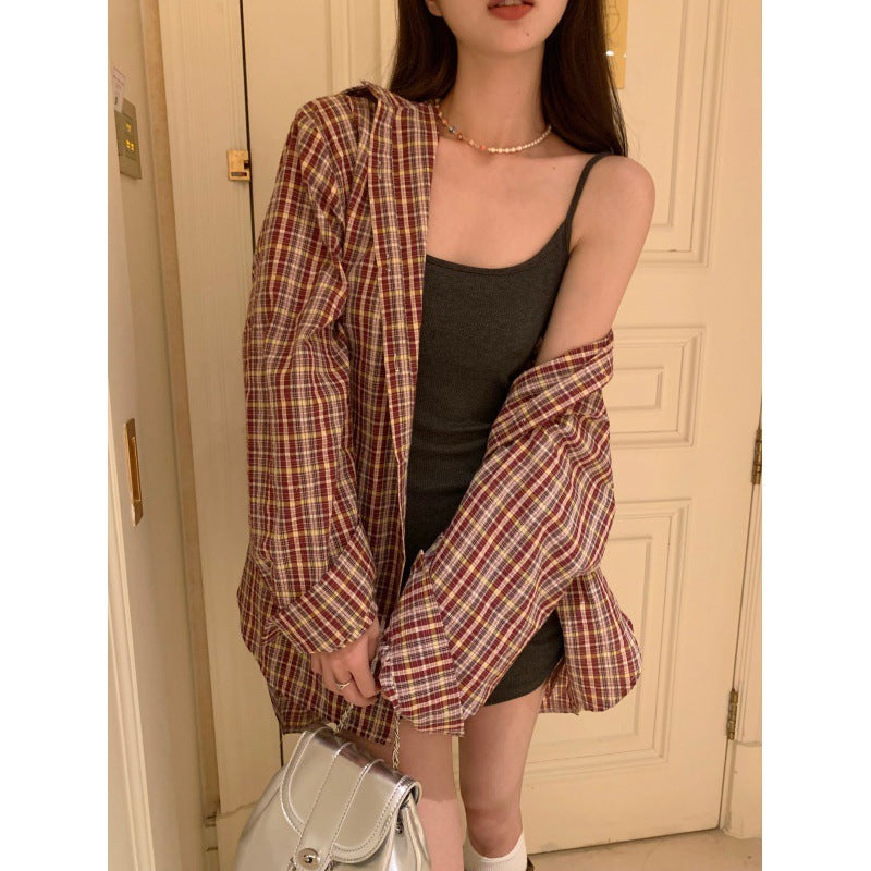 Long Sleeves Outerwear Sun Protection Cardigan - Plaid / Free Size - Hat
