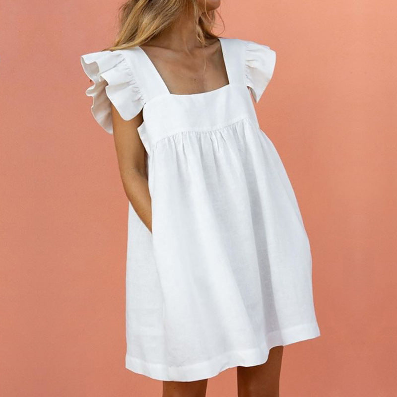 Casual Dress Women Yellow Skirt Loose Casual Ruffled Flying Sleeve Dress Chiffon Skirt