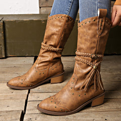 Retro Tassel Boots With Braided Rope Strap Buckle Design Shoes Winter Footwear New Mid-calf Knight Western Boots For Women