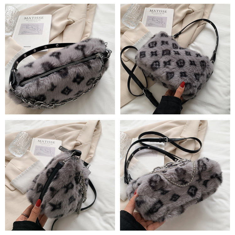 Winter Plush Bags Chain Shoulder Bag Women Flowers Print Handbags - Clothing