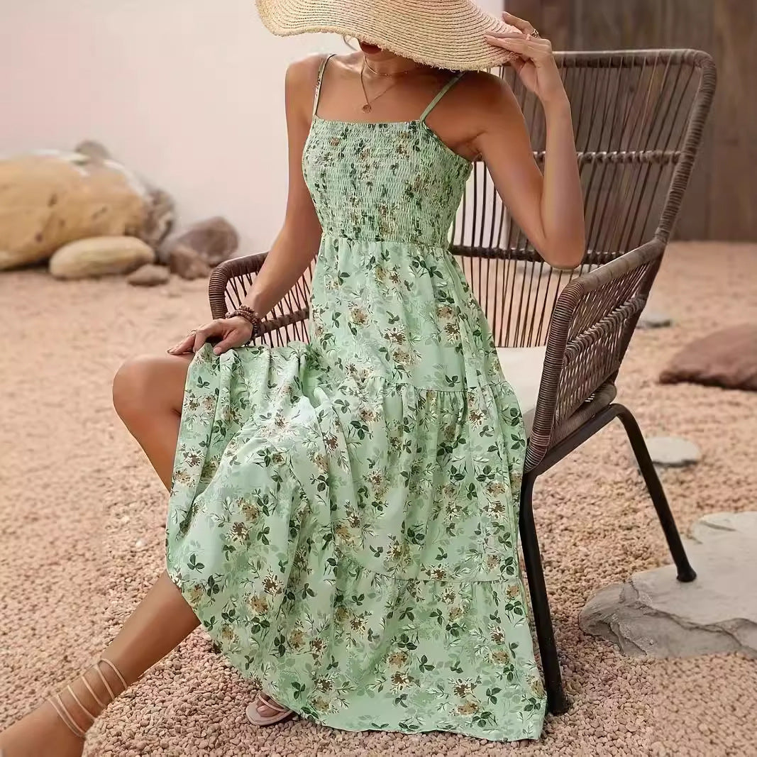 Floral Print Ruffle Hem Ruched Strap Dress – Summer Sleeveless Sundress for Women