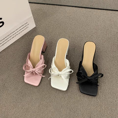 French Style High-grade Satin Bow Chunky Heel Sandals Women's Outer Wear  High Heels