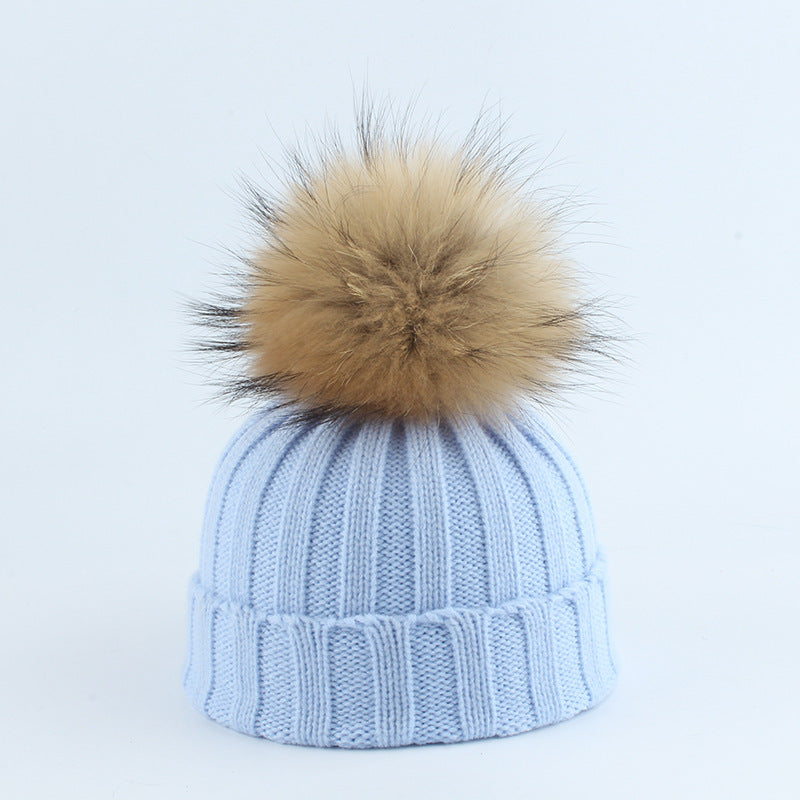 Parent-Child Children Raccoon Dog Fur Ball Hat Thermal Knitting - Blue / Adult 55to60cm - Hat