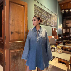 Lapel Patch Pocket Bell Sleeve Denim Dress - Shirt