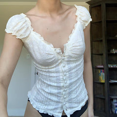 New Pleated Shoulder Button Fold Over Lace Bodice