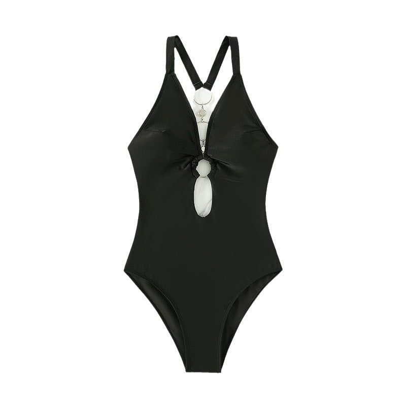 Women's Deep V One-piece Swimsuit Underwire Lanyard