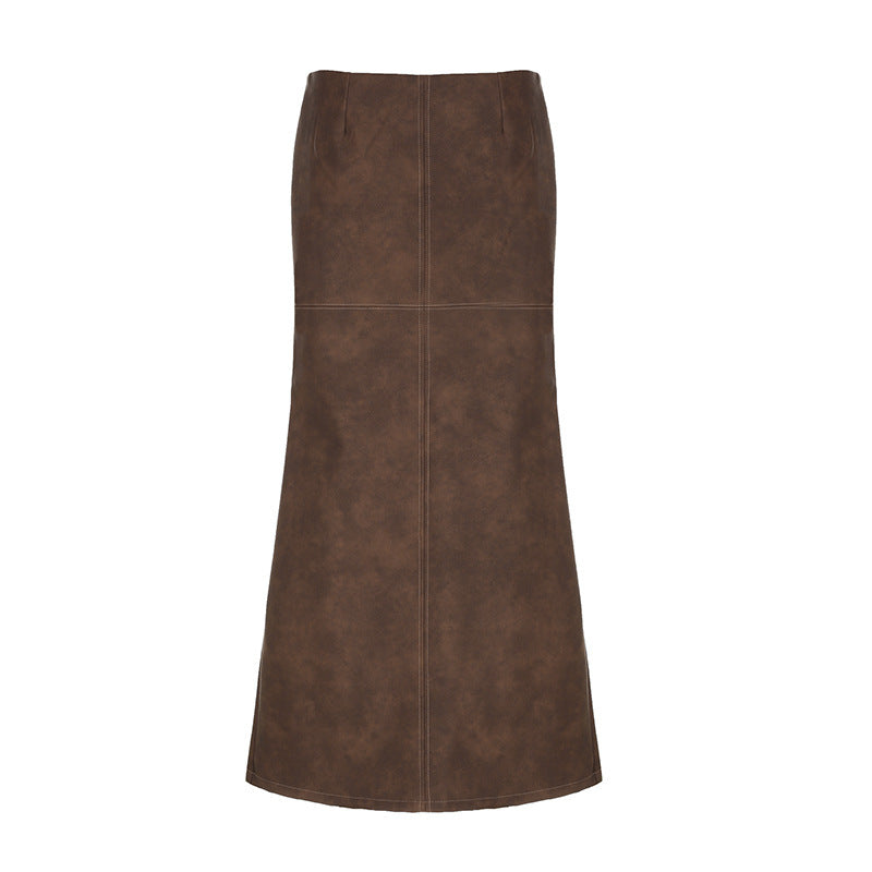 Women's Retro Brown Leather Skirt – Long Low-Waist Back Slit Design, American Style Covered-Hip Skirt for Early Autumn