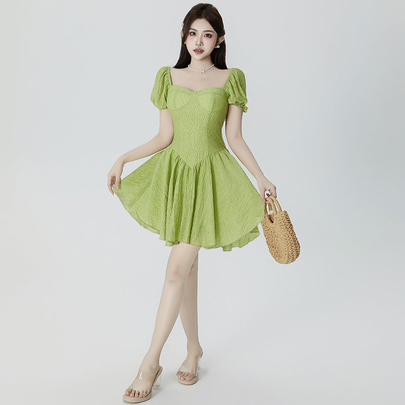 Socialite Style Temperament Square Collar Puff Sleeve Waist-tight Dress