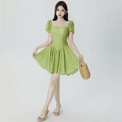 Socialite Style Temperament Square Collar Puff Sleeve Waist-tight Dress