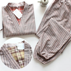 Japanese Style Pure Cotton Gauze Kimono Pajamas - Vertical striped warm gray kim / L - Hat