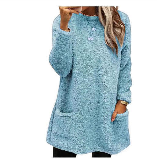 Women's Fleece Pullover Long Sweater With Pockets Winter Warm Casual Long Sleeve Plush Tops