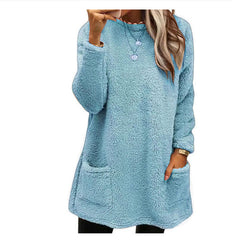 Women's Fleece Pullover Long Sweater With Pockets Winter Warm Casual Long Sleeve Plush Tops