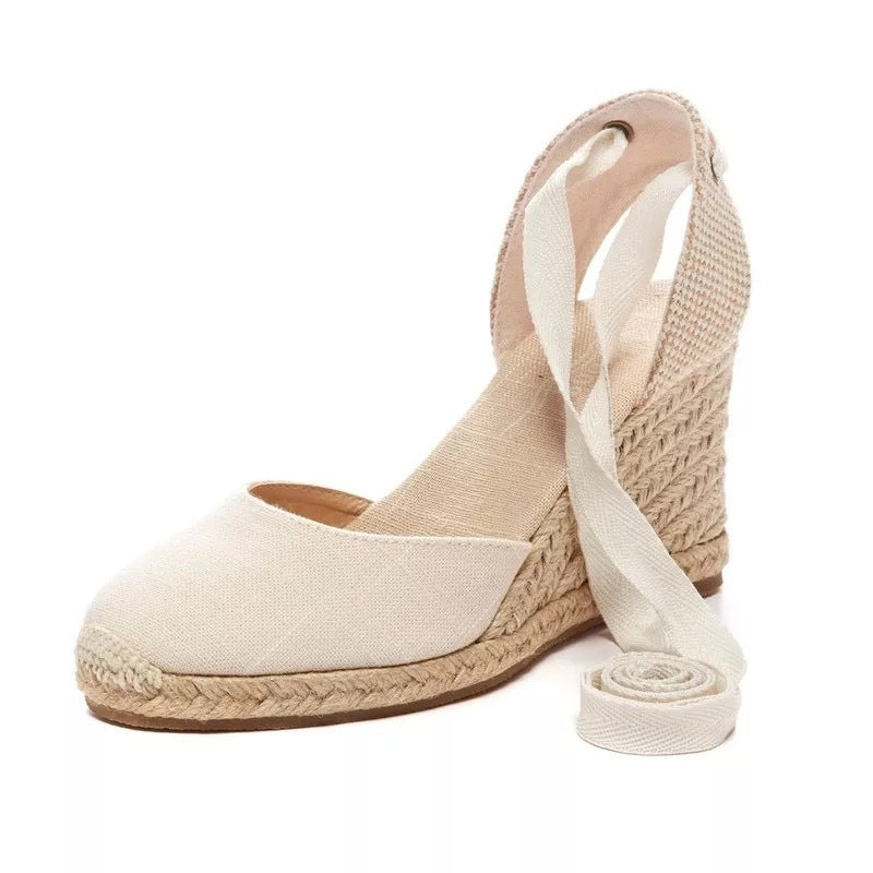 Cord Straw Oxford Wedge Sandals Crossover Strap