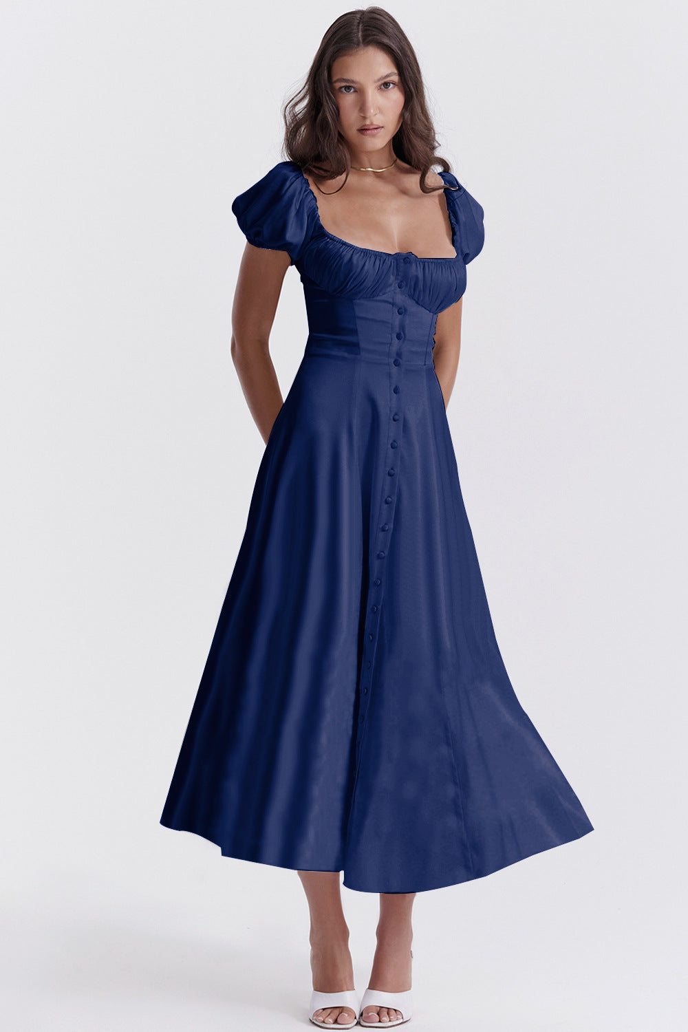 Summer Cross-border Puff Sleeve Solid Color High-end French Dress