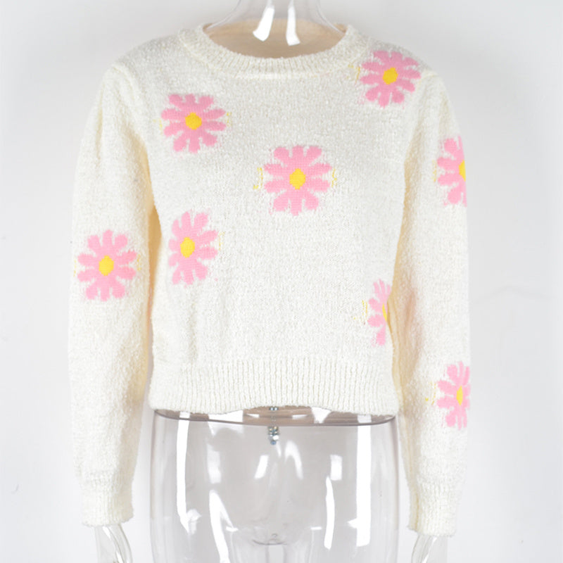 Fashion Floral Print Knit Sweater Round Neck Pullover Tops Women - Clothing