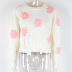 Fashion Floral Print Knit Sweater Round Neck Pullover Tops Women - Clothing