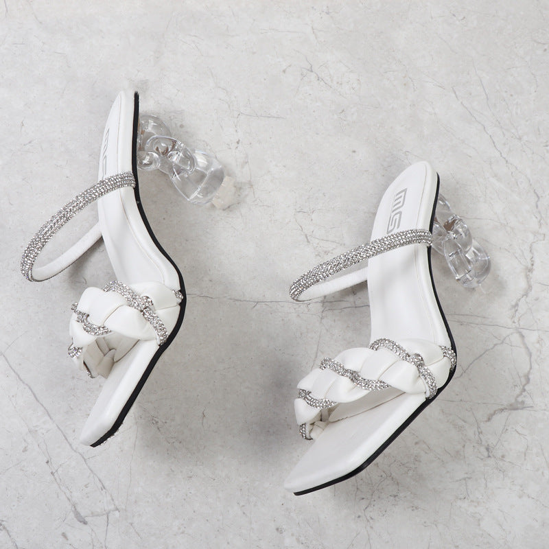 One Word With Rhinestone High-heeled Half Sandals