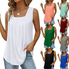 Summer Tank Tops For Women Loose Fit Pleated Square Neck Sleeveless Tops Vest T-shirt - Clothing