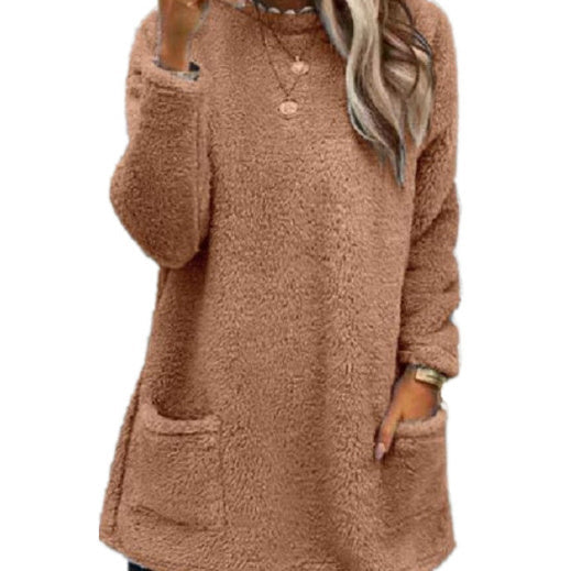 Women's Fleece Pullover Long Sweater With Pockets Winter Warm Casual Long Sleeve Plush Tops