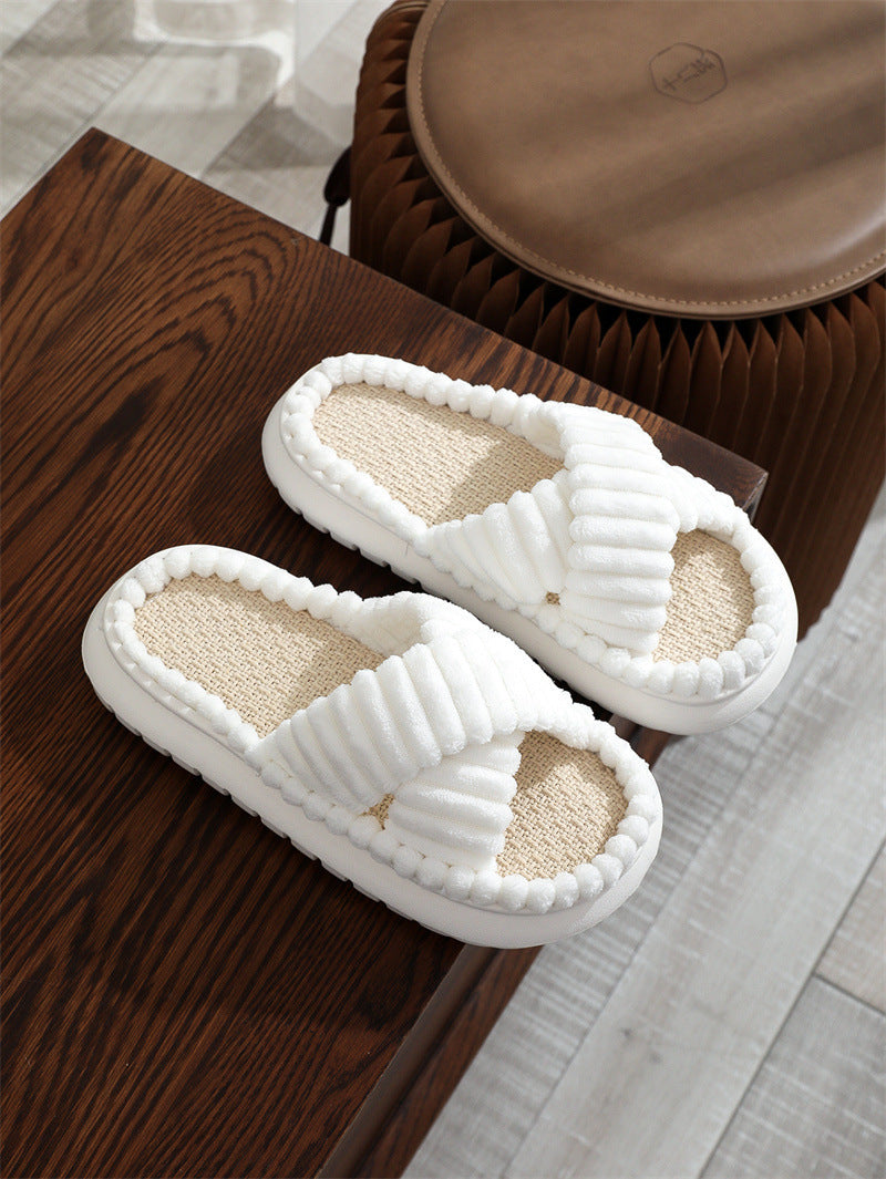 Women's Flat Linen Fluffy Slippers