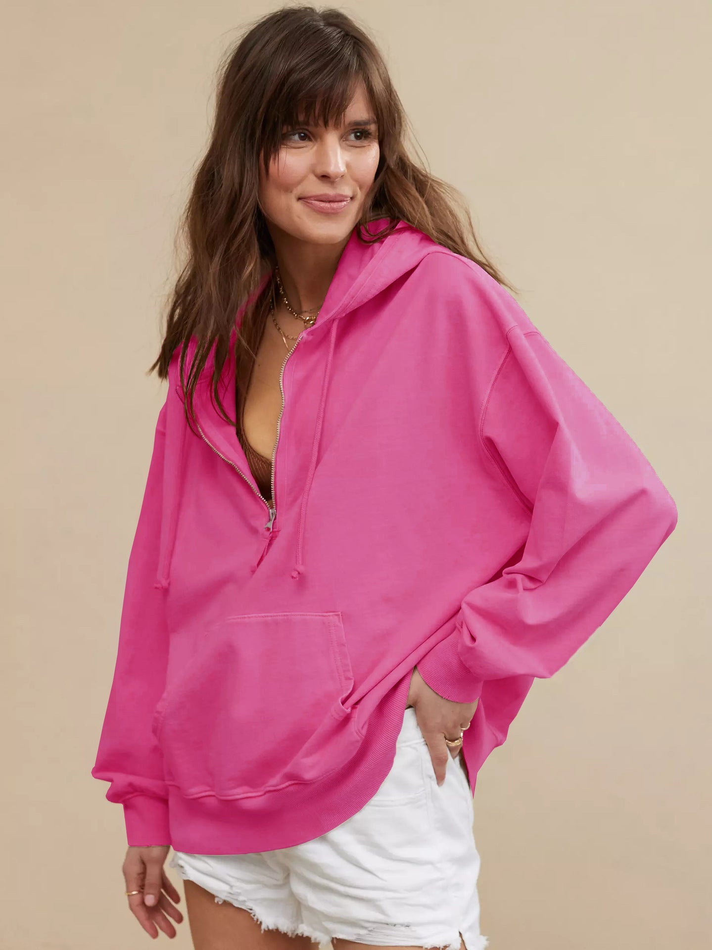 Zipper Pocket Long Sleeve Fashion Tops Women - Rose Red / L - Clothing