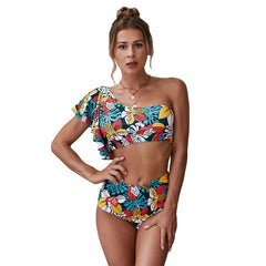 Printed Vacation One-shoulder Ruffled Split Swimsuit