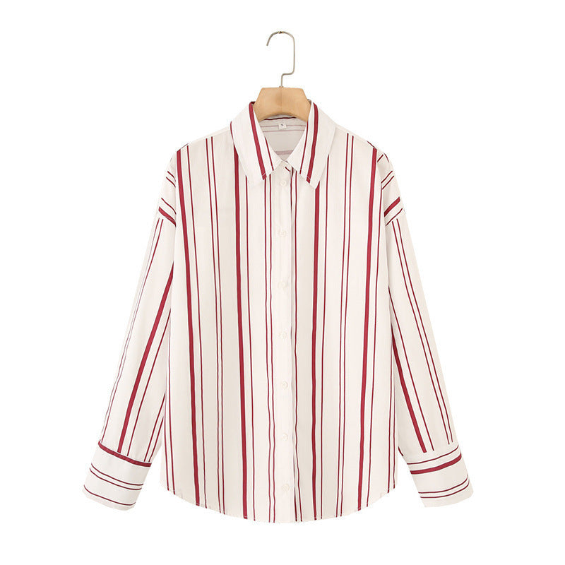 Striped Poplin Cotton Long-sleeved Lapel Shirt - Hat