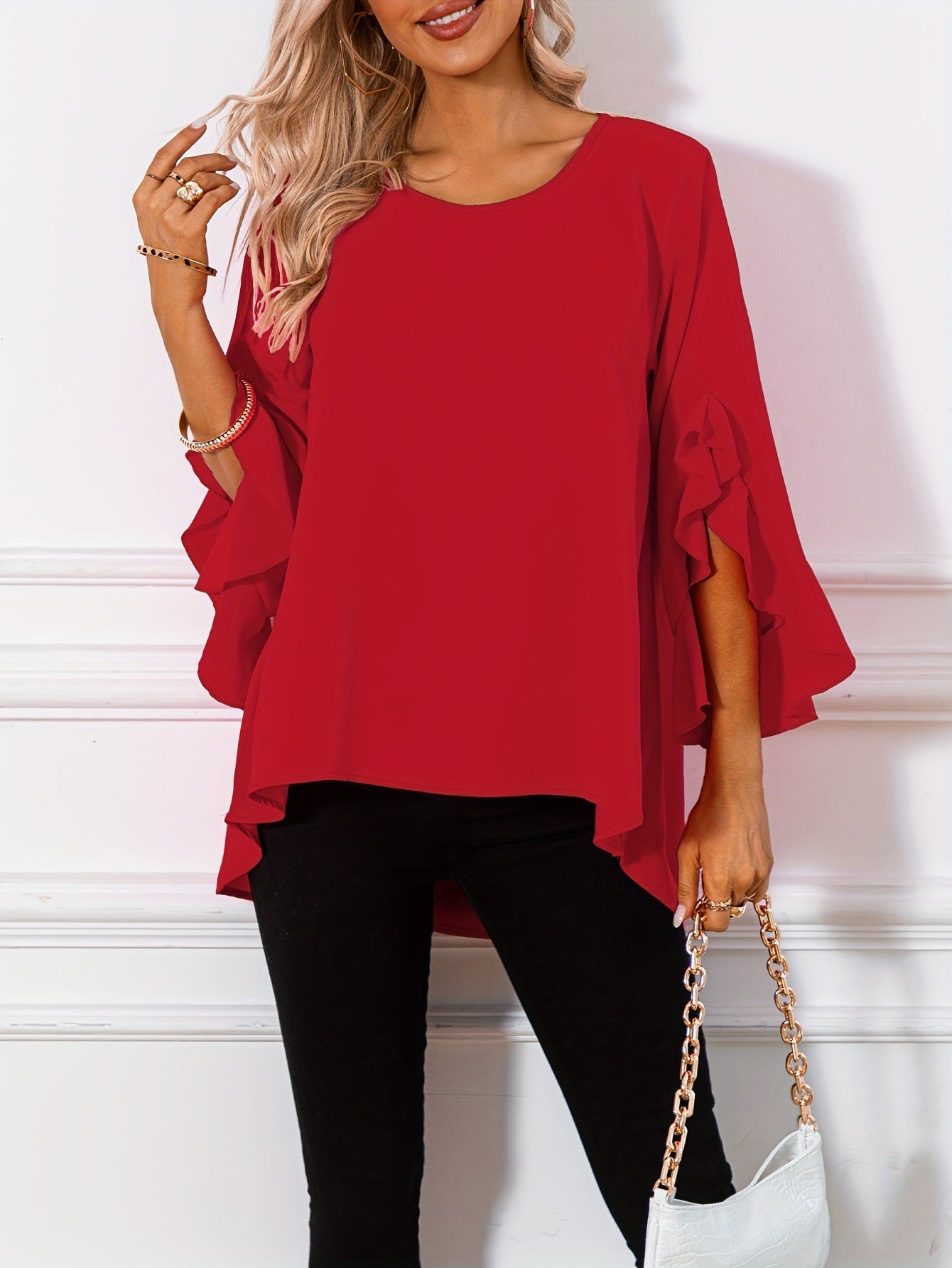 Solid Color Round Neck Shoulder Ruffle Sleeve Irregular Women's Top