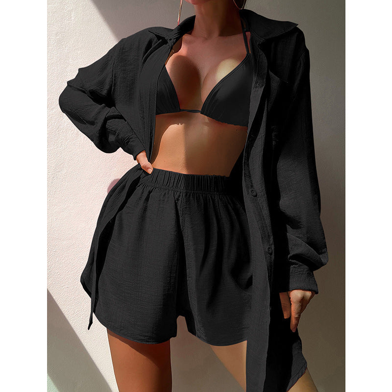 Women's Fashion Solid Color Shirt And Shorts Set