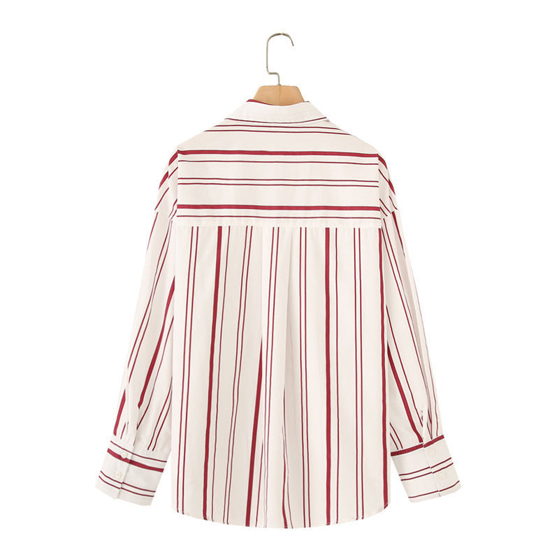 Striped Poplin Cotton Long-sleeved Lapel Shirt - Hat