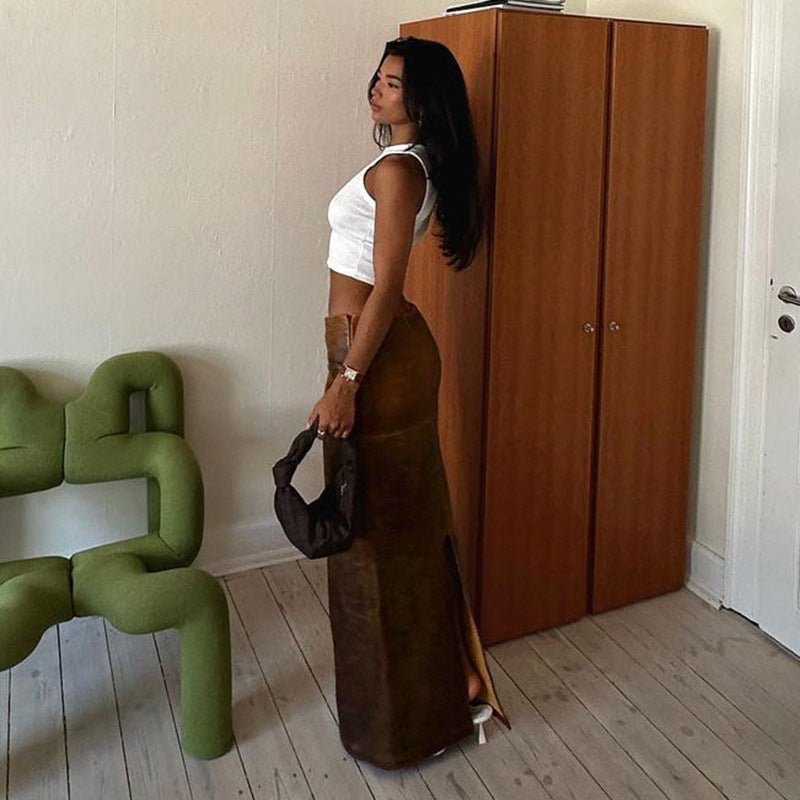 Women's Retro Brown Leather Skirt – Long Low-Waist Back Slit Design, American Style Covered-Hip Skirt for Early Autumn