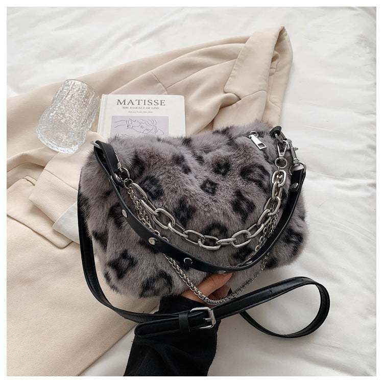 Winter Plush Bags Chain Shoulder Bag Women Flowers Print Handbags - Grey - Clothing