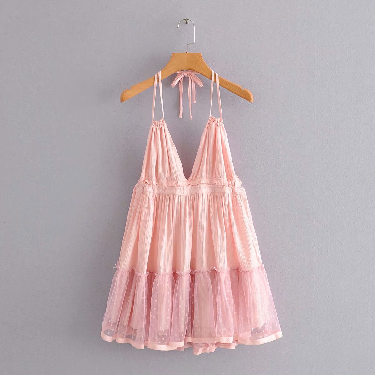 Halter Backless Mesh Stitching Dress Suspender Skirt