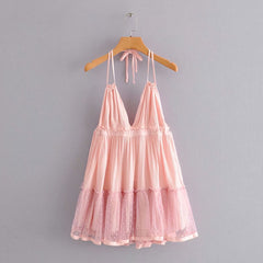 Halter Backless Mesh Stitching Dress Suspender Skirt