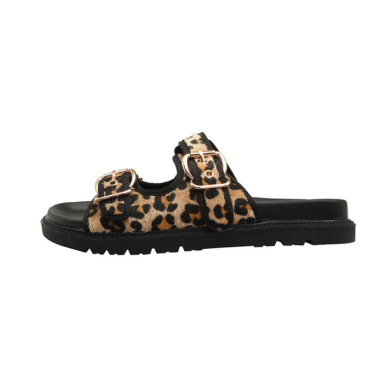 Summer New Animal Print Round Toe Flat Bottom Slippers For Women