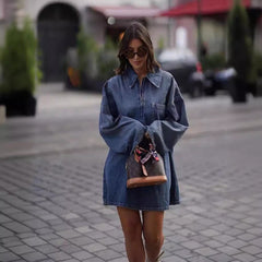 Lapel Patch Pocket Bell Sleeve Denim Dress - Shirt