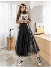 The New Solid Color Large Swing Mesh Skirt Mid-Length Slim Pleated Skirt