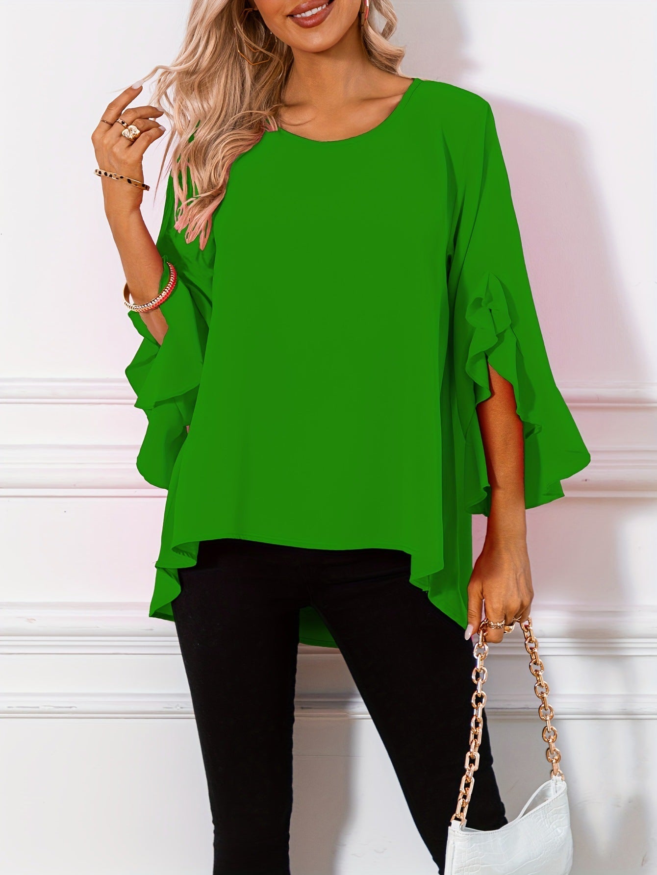 Solid Color Round Neck Shoulder Ruffle Sleeve Irregular Women's Top