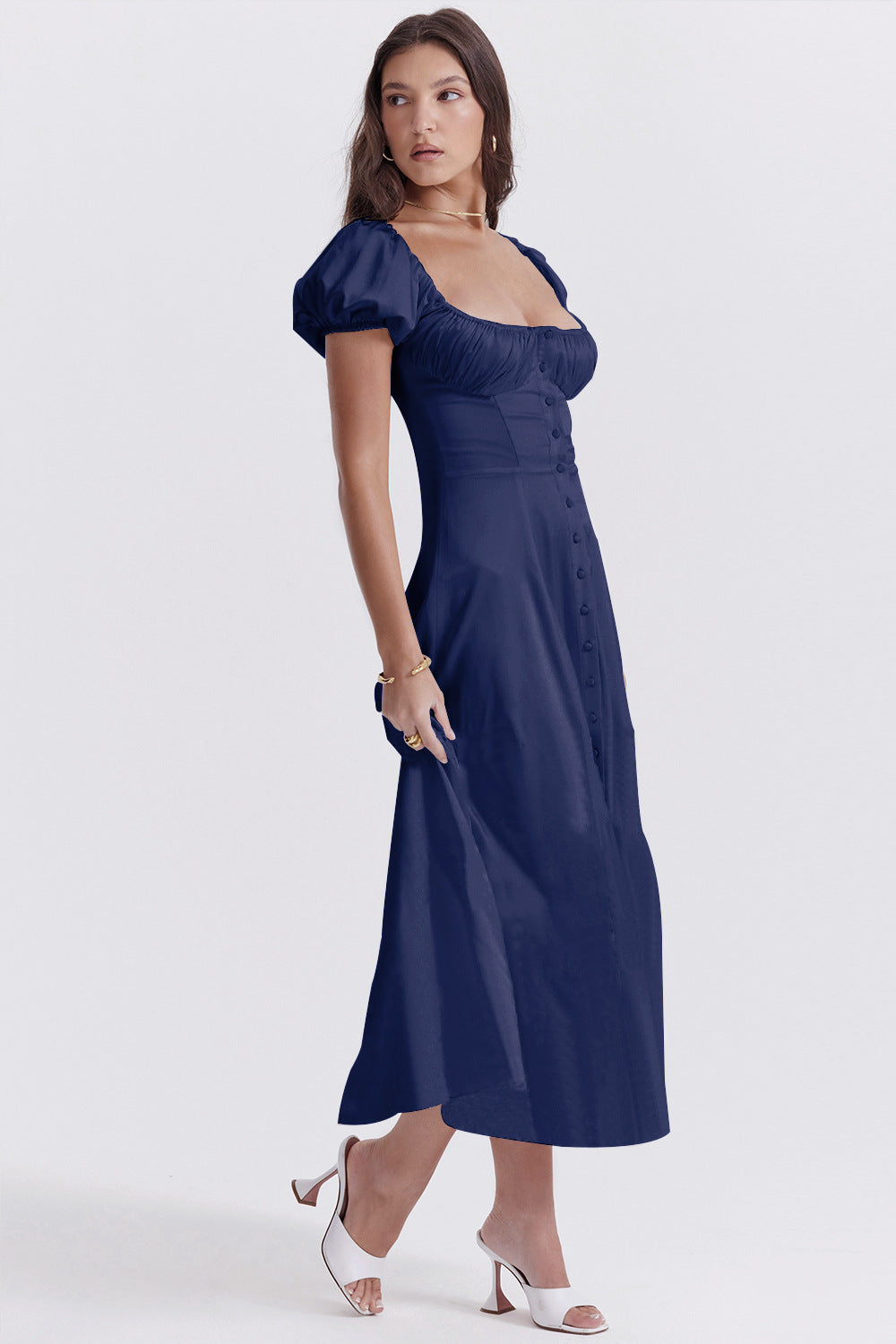 Summer Cross-border Puff Sleeve Solid Color High-end French Dress