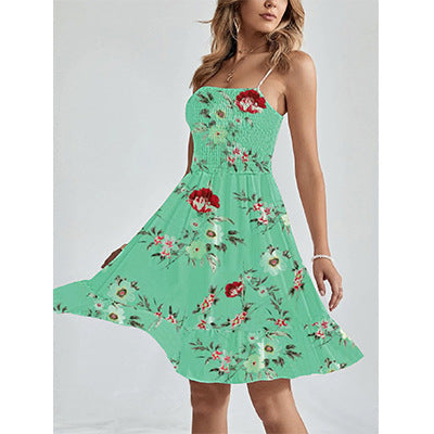 Printed Smocking Suspender Swing Skirt