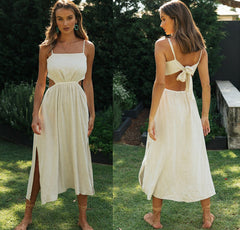 Spring and Summer Women Backless Lace-up Irregular Slit Dress