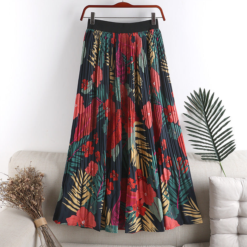 Floral Floral Skirt Female High Waist Slimming A-line Chiffon Printed Pleated Skirt Mid-length