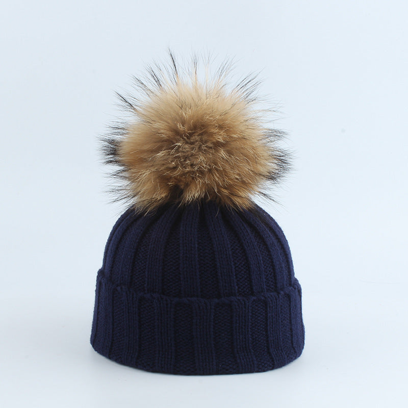Parent-Child Children Raccoon Dog Fur Ball Hat Thermal Knitting - Navy Blue / Adult 55to60cm - Hat