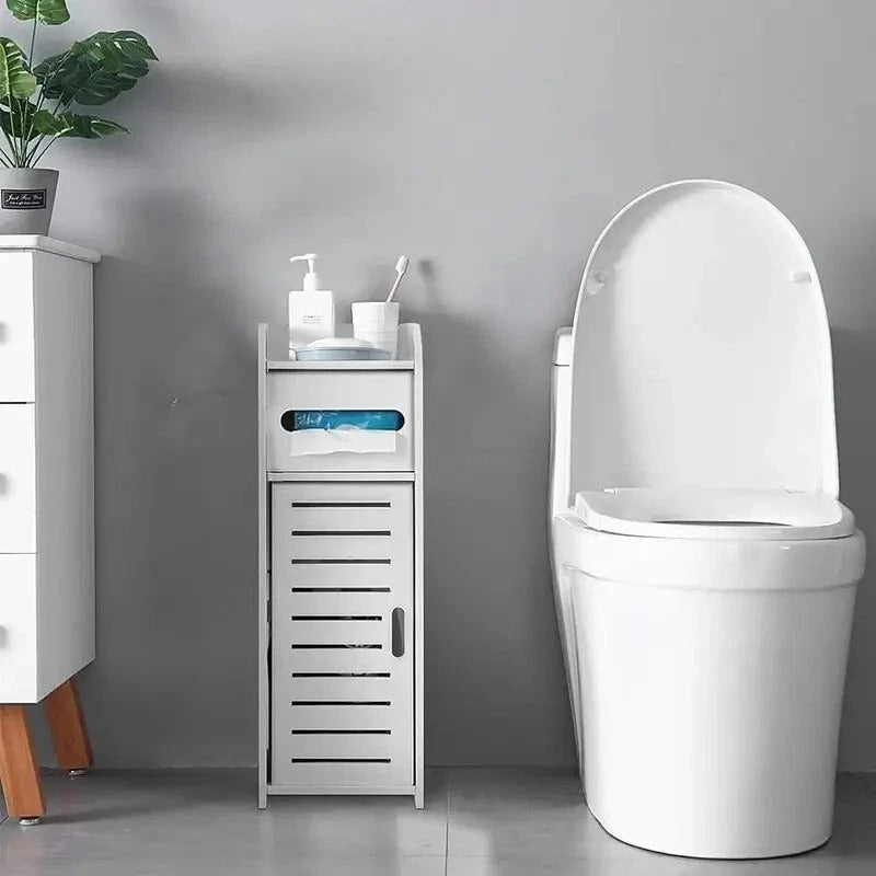 White Bathroom Storage Cabinet – Slim Floor Cupboard with Drawer 17 x 22 x 56cm